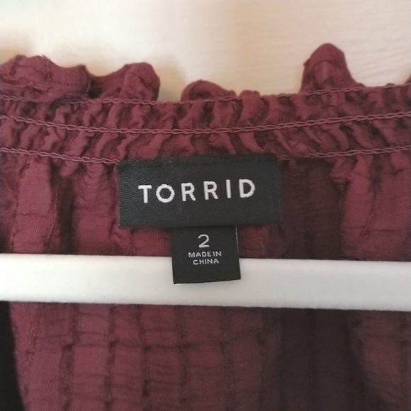 EUC Torrid Size 2X Burgundy Stripe Gauze Lace Up Peasant Top - Picture 13 of 15